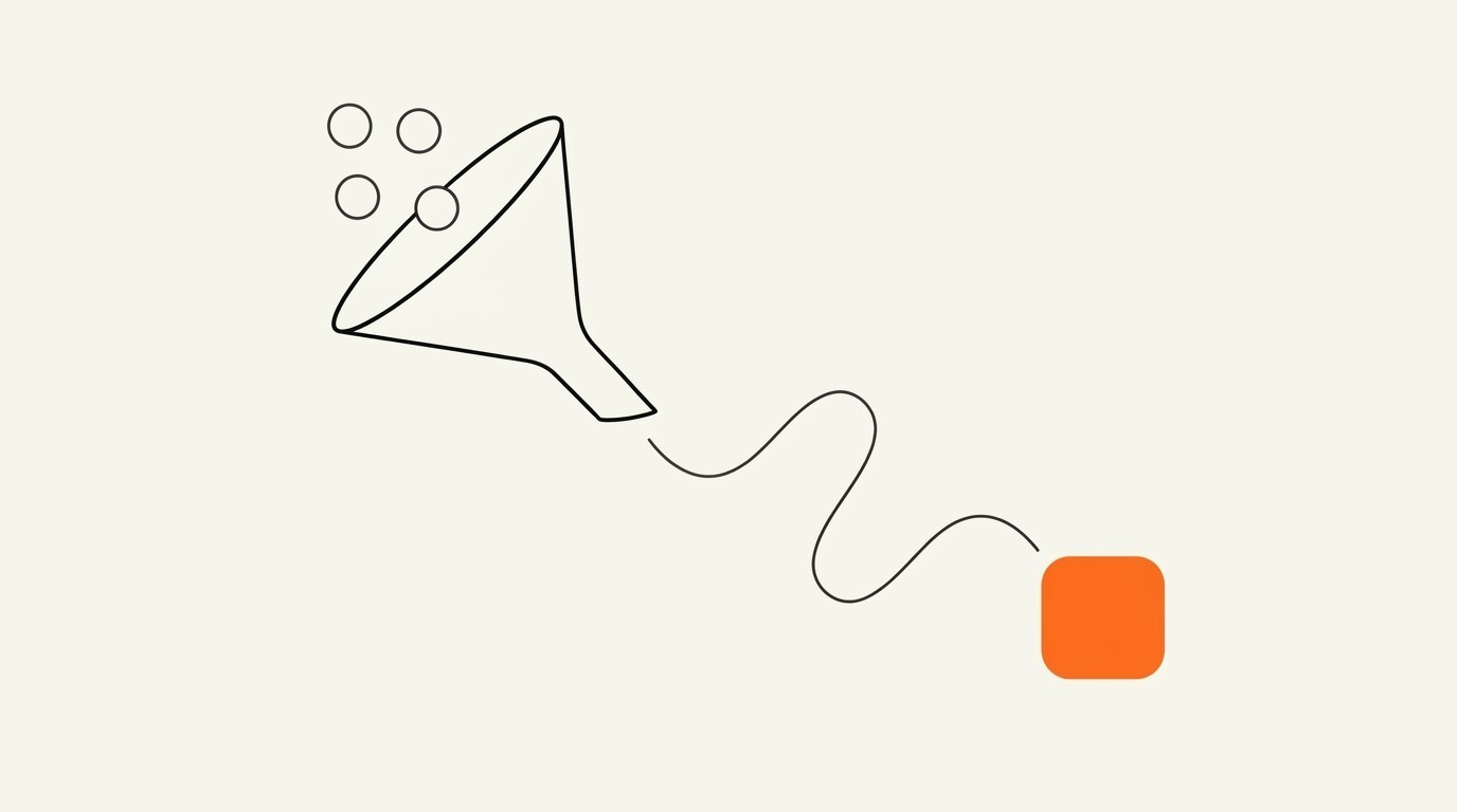 Editorial line illustration of a wide funnel taking in several circle outlines and tapering down a wavy line to a single solid orange square, on cream paper.