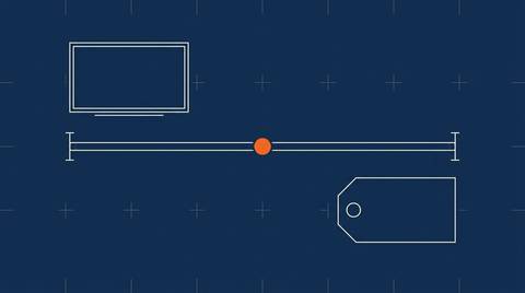 CTV private marketplace and programmatic guaranteed deal setup: blueprint-style drafting of a television screen, supply-path pipe, and blank deal tag with a solid orange deal-ID dot at the pipe midpoint.