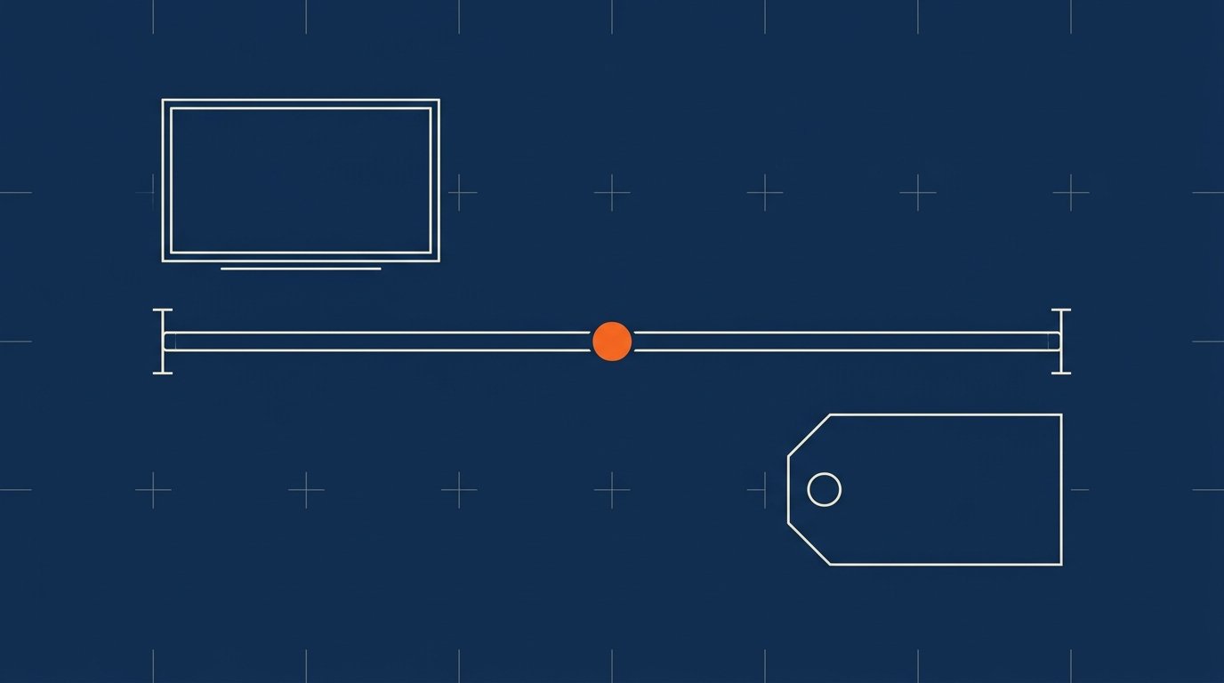 CTV private marketplace and programmatic guaranteed deal setup: blueprint-style drafting of a television screen, supply-path pipe, and blank deal tag with a solid orange deal-ID dot at the pipe midpoint.