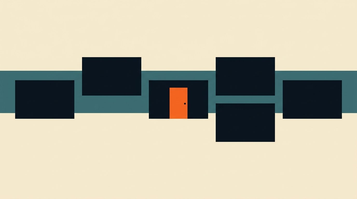 CTV publisher PMP access: five flat TV screens at different heights, one with an orange door, on a muted teal band.