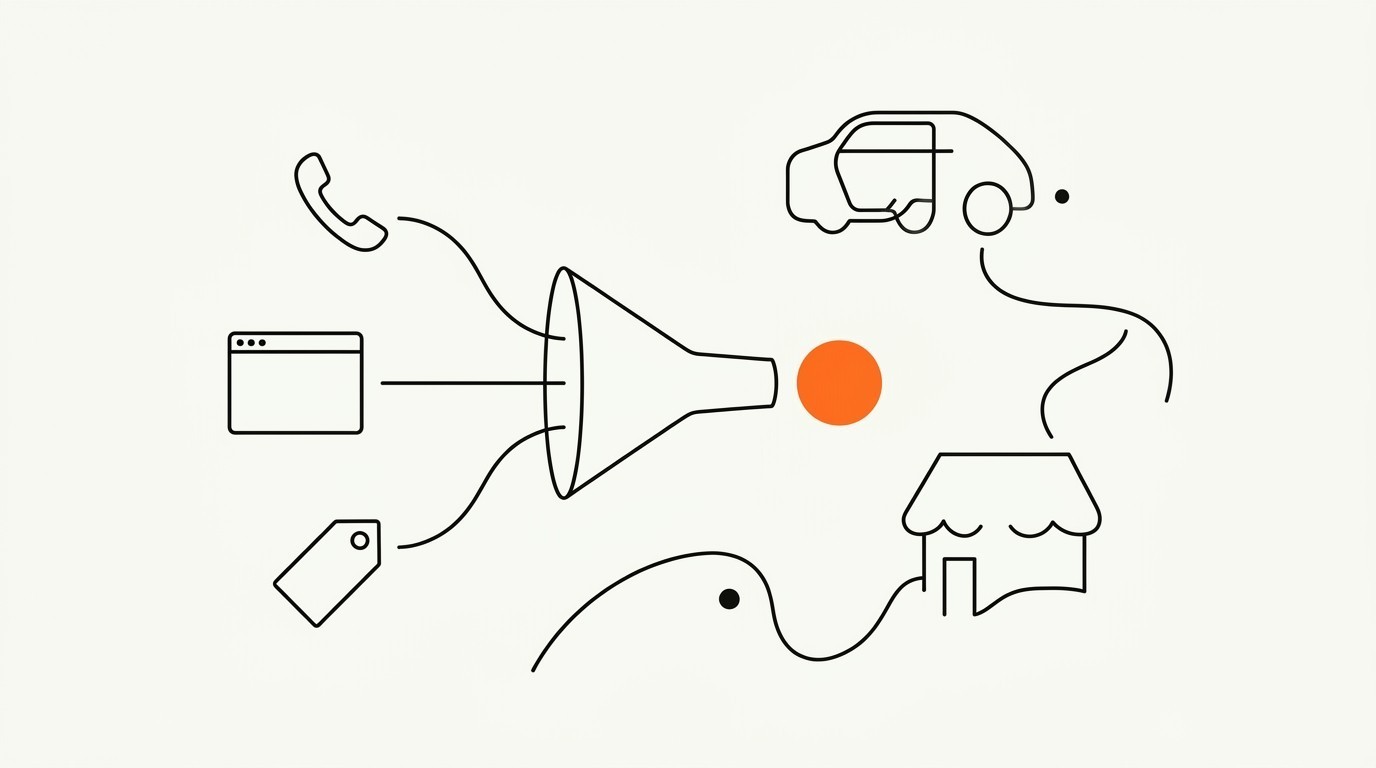 Schematic line illustration of car-dealership lead sources, a phone handset, a website form, and a marketplace tag, funnelling through an outline funnel into a single solid brand-orange circle representing a converted sale, with a car and dealership outline, on cream paper.
