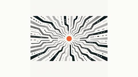 Digital marketing in the AI era: a large central ink hub ring with wavy spokes reaching out to four small outline shapes, one small solid orange hub node at the center, warm cream paper, no text.