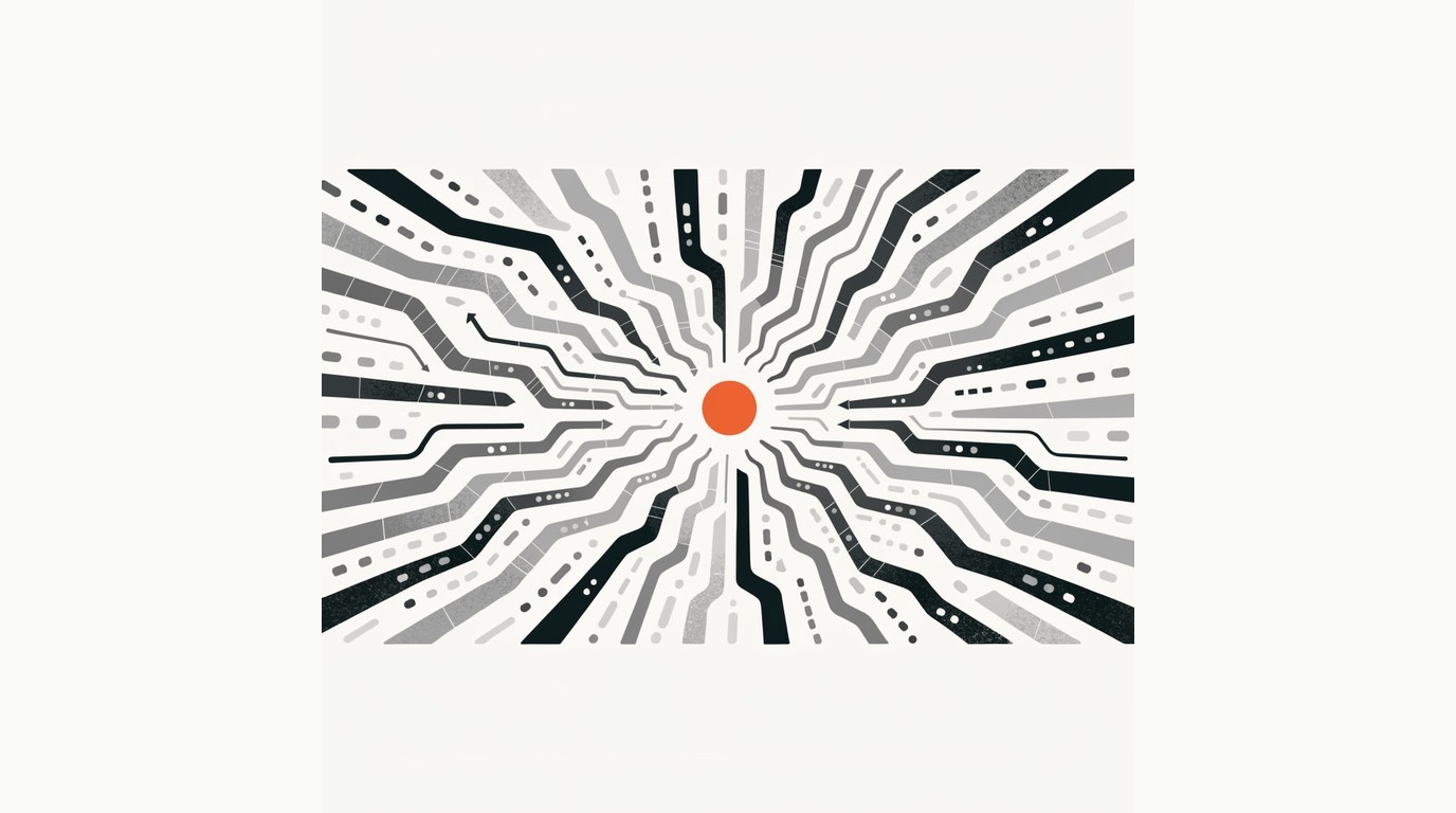 Editorial illustration on cream: many thin channel lines converging inward to a single glowing orange core node, the digital-marketing operating model reorganised around one AI core.