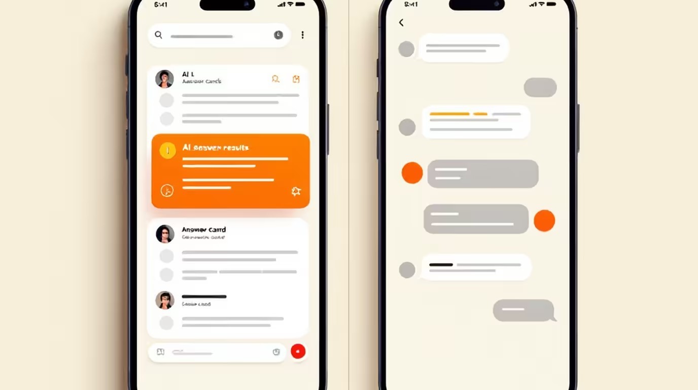 Split editorial illustration of Google's three AI surfaces: a search results panel carrying a small Sponsored tag, a chat panel deliberately empty of ads, and an AI Mode panel mid-test, with a single orange accent shape