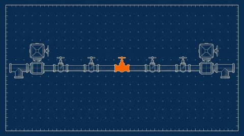 PMP and PG deal fees: blueprint plan-view of a pipeline with five small tap valves along it, one valve solid orange.