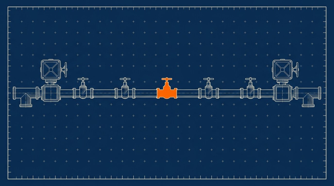 PMP and PG deal fees: blueprint plan-view of a pipeline with five small tap valves along it, one valve solid orange.