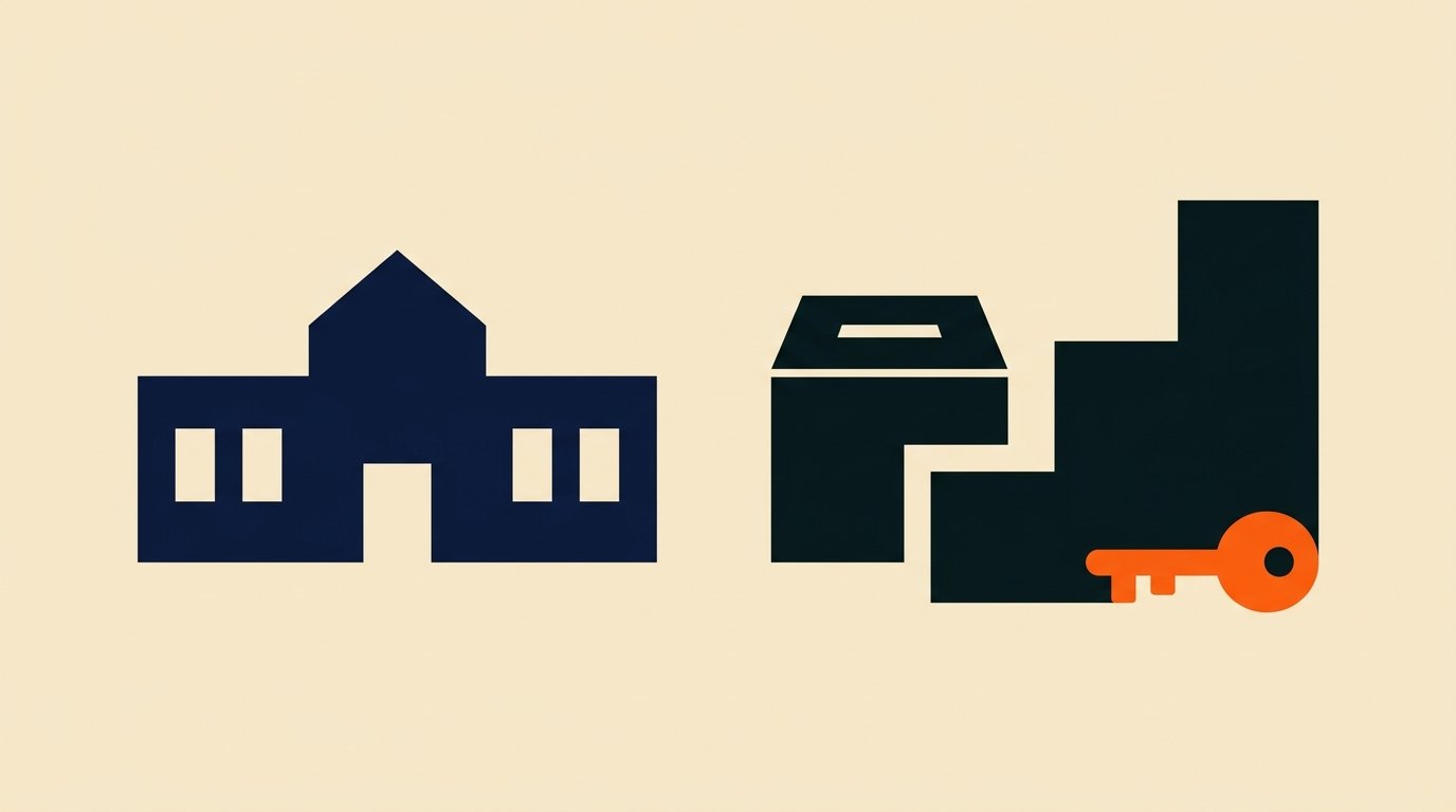 EdTech marketing to schools and district procurement: editorial poster of a school building, a tender box with a slot, and a three-step staircase, with a small solid orange key.
