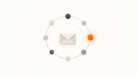 Outline nodes on a looping lifecycle orbit with a wavy trigger thread connecting them, one small solid orange node, ink on cream paper, no text