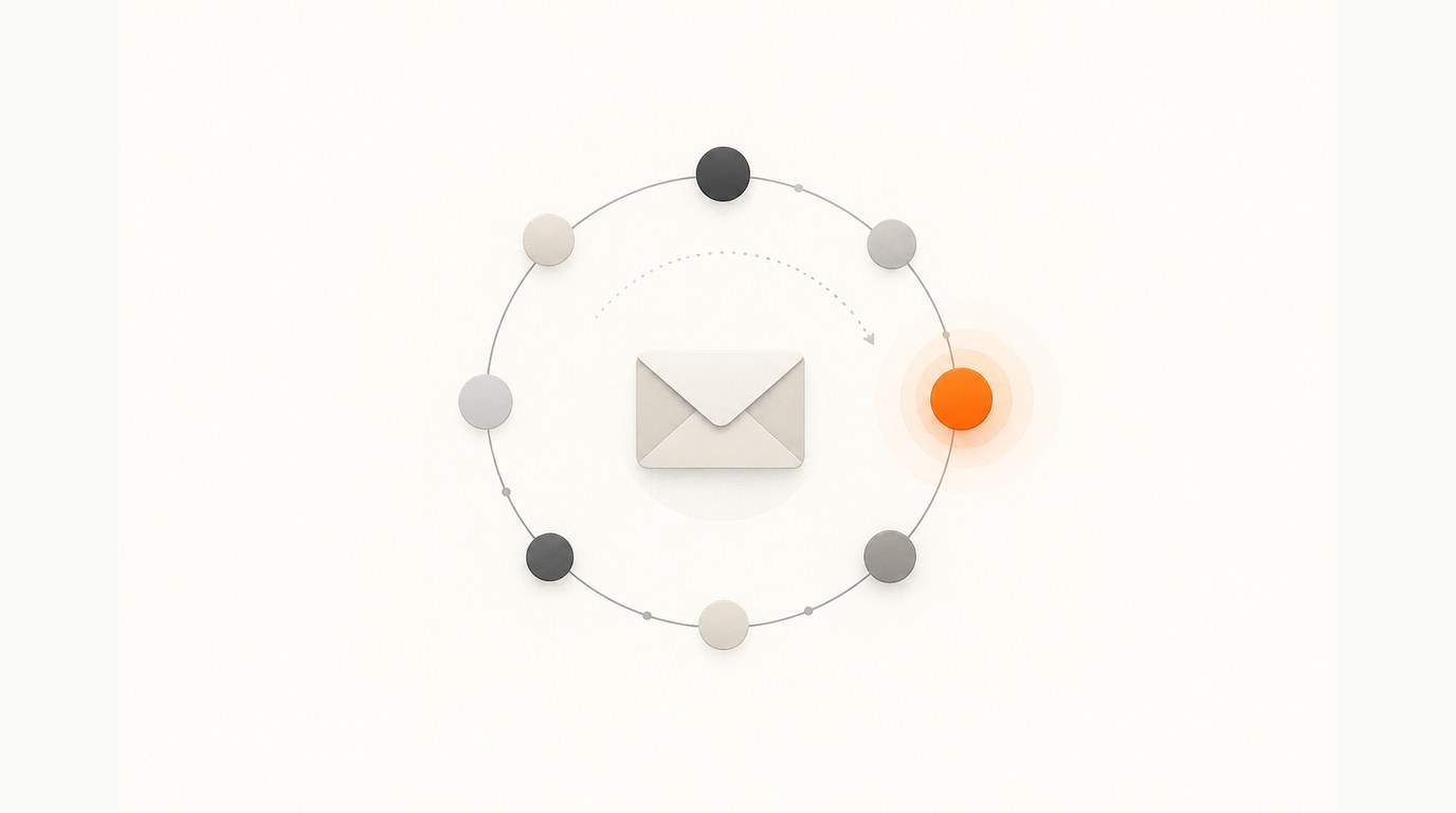 Editorial illustration on cream: an envelope at the centre of a circular lifecycle orbit of small nodes, with one bright orange node marking a predictive decision point.
