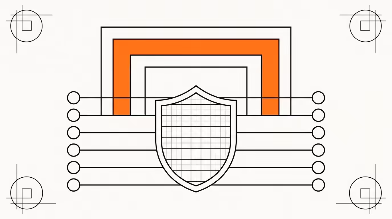 Bauhaus geometric line illustration of a gridded shield inside nested gateway arcs, one arc filled brand orange, horizontal rule lines ending in circular nodes, ink line-art on cream paper.