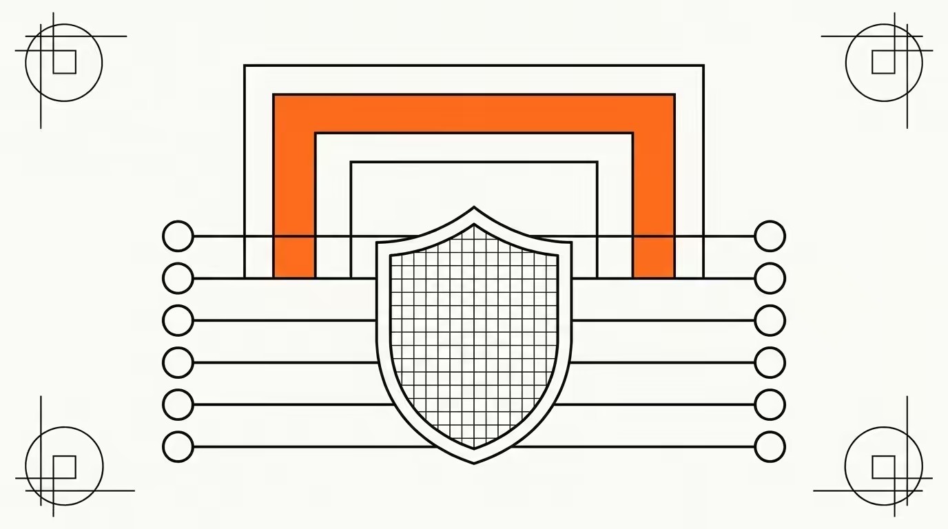 Bauhaus geometric line illustration of a gridded shield inside nested gateway arcs, one arc filled brand orange, horizontal rule lines ending in circular nodes, ink line-art on cream paper.