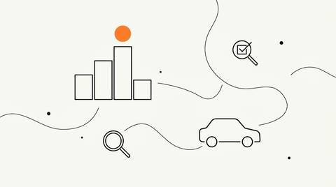 Schematic ranking columns topped by a single brand-orange circle, a line-art car silhouette, and two magnifier icons connected by gentle wavy lines on cream paper.