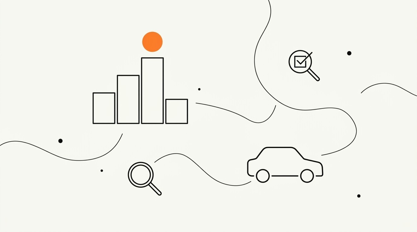 Schematic ranking columns topped by a single brand-orange circle, a line-art car silhouette, and two magnifier icons connected by gentle wavy lines on cream paper.