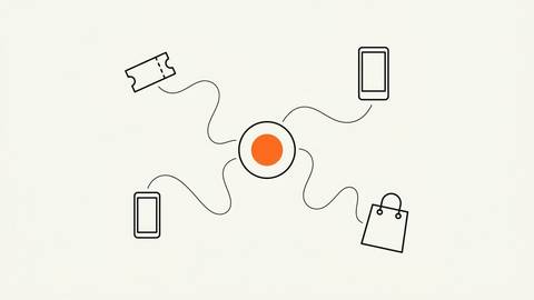 Fan insights revenue-system illustration: a ticket stub, a phone app, and a merchandise bag connected by wavy ink lines into one central fan-record node with a brand-orange accent, on cream paper.