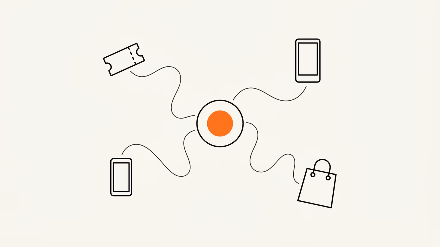 Fan insights revenue-system illustration: a ticket stub, a phone app, and a merchandise bag connected by wavy ink lines into one central fan-record node with a brand-orange accent, on cream paper.
