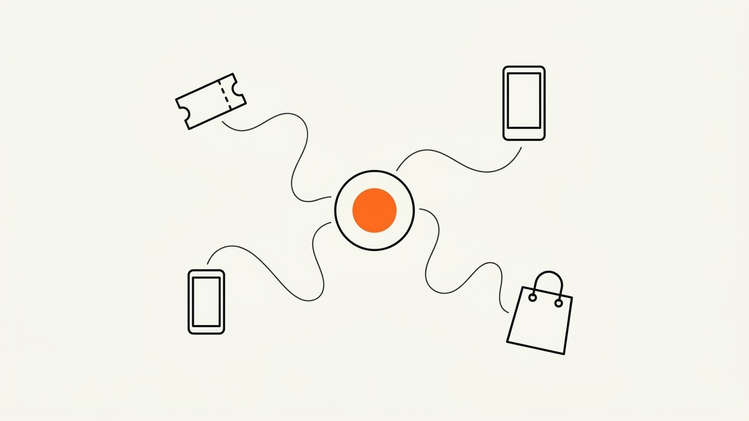 Fan insights revenue-system illustration: a ticket stub, a phone app, and a merchandise bag connected by wavy ink lines into one central fan-record node with a brand-orange accent, on cream paper.