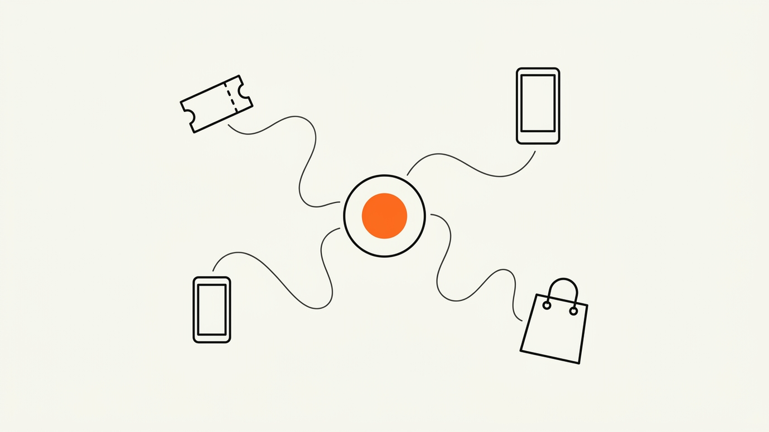 Fan insights revenue-system illustration: a ticket stub, a phone app, and a merchandise bag connected by wavy ink lines into one central fan-record node with a brand-orange accent, on cream paper.