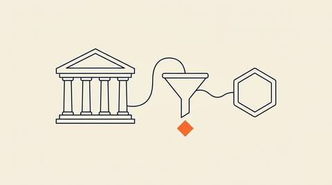 ABM for fintech pipeline marketing: ink line illustration of a bank building, an account funnel, and a hexagonal account node with a small solid orange diamond at the pipeline exit.