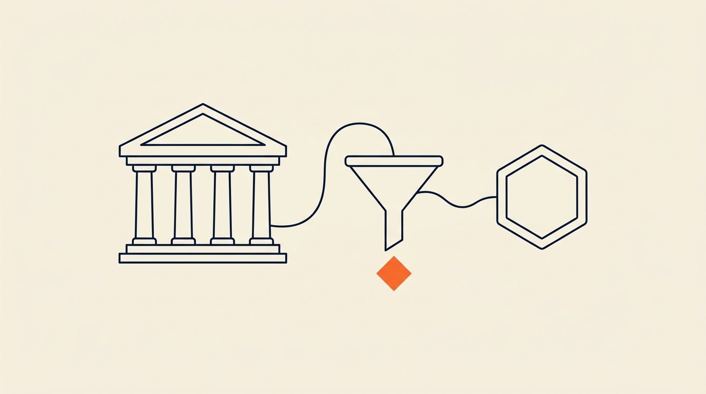 ABM for fintech pipeline marketing: ink line illustration of a bank building, an account funnel, and a hexagonal account node with a small solid orange diamond at the pipeline exit.