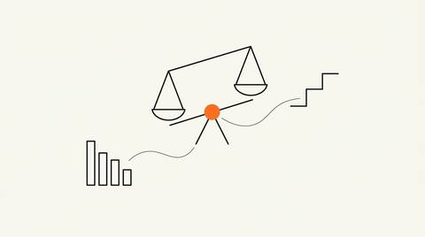Line illustration of a balance scale weighing a descending acquisition-cost bar cluster against an ascending lifetime-value step line, with a single flat orange circle at the pivot, on cream paper.