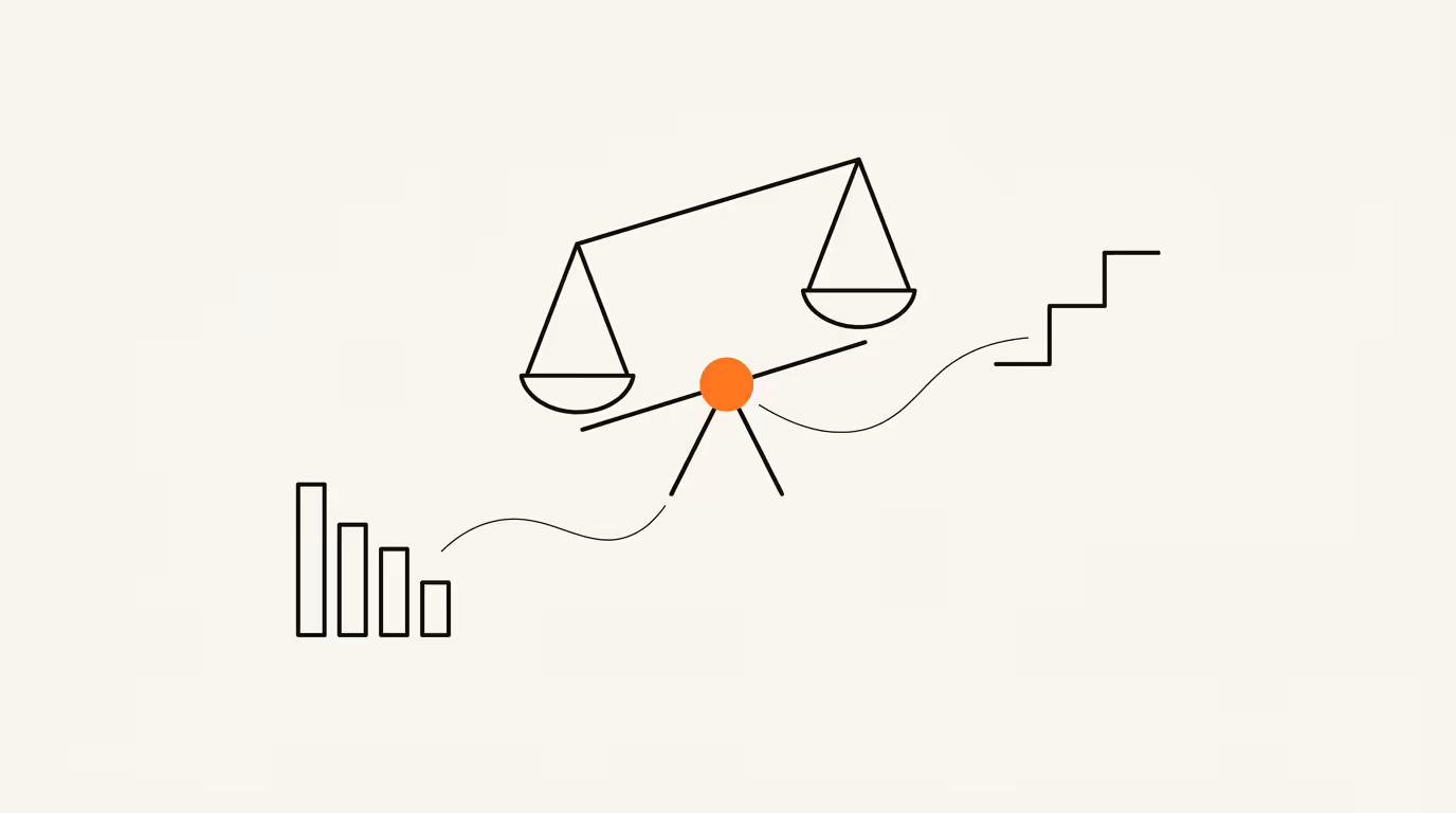 Line illustration of a balance scale weighing a descending acquisition-cost bar cluster against an ascending lifetime-value step line, with a single flat orange circle at the pivot, on cream paper.