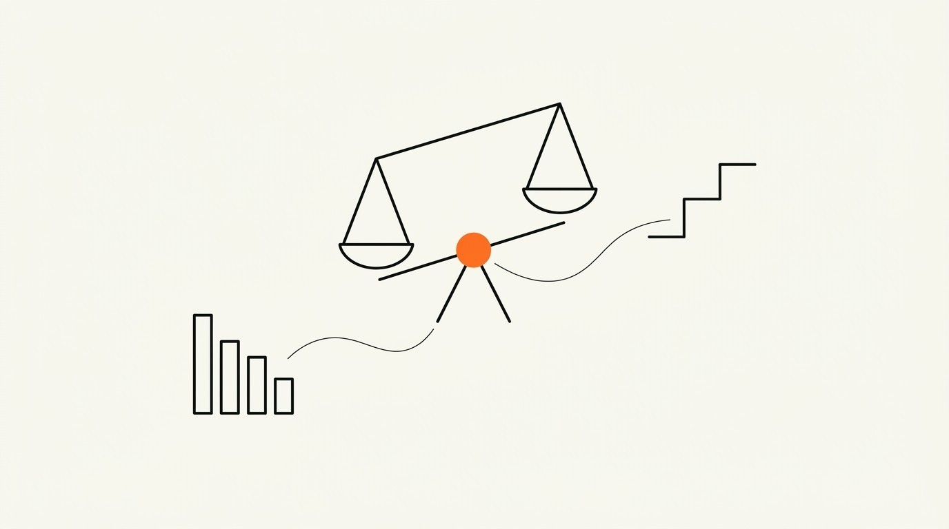 Line illustration of a balance scale weighing a descending acquisition-cost bar cluster against an ascending lifetime-value step line, with a single flat orange circle at the pivot, on cream paper.