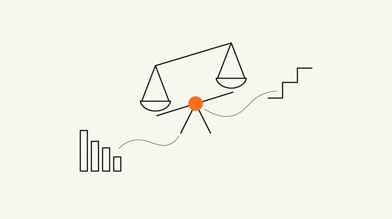 Line illustration of a balance scale weighing a descending acquisition-cost bar cluster against an ascending lifetime-value step line, with a single flat orange circle at the pivot, on cream paper.