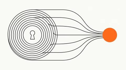 Editorial line illustration: vault with signal lines converging.
