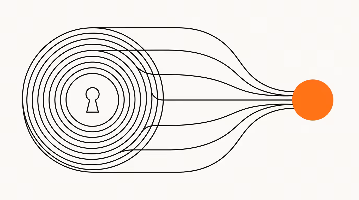 Editorial line illustration: vault with signal lines converging.