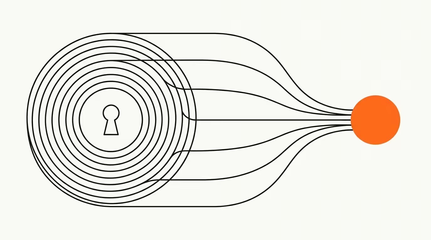 Editorial line illustration: vault with signal lines converging.