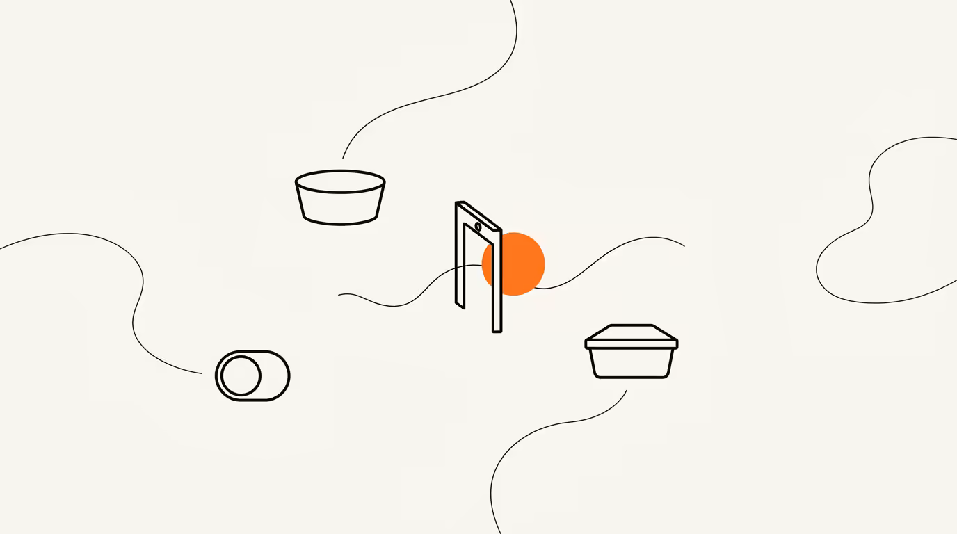 Schematic line illustration of a single data stream passing through a consent gate into two category trays, with one data token caught at the gate filled in brand orange.