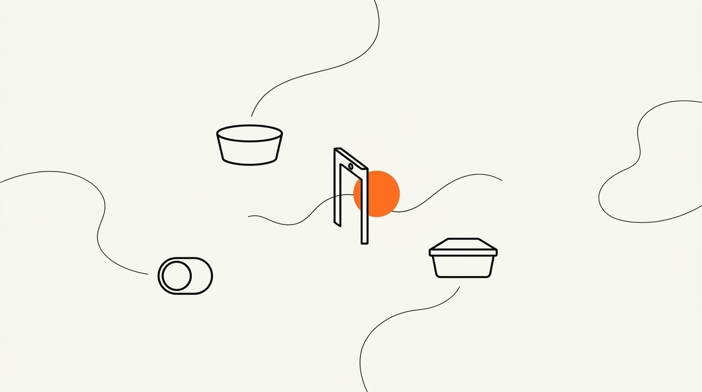 Schematic line illustration of a single data stream passing through a consent gate into two category trays, with one data token caught at the gate filled in brand orange.