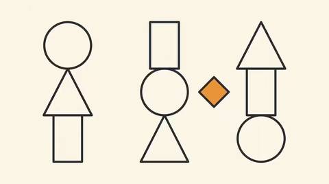 Bauhaus geometric illustration of three column models with a central orange decision diamond, ink line art on cream paper.