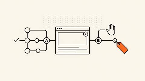 Editorial line illustration on cream paper: a central ad unit frame with two diverging paths representing automatic Google-tool disclosure and manual third-party disclosure, with a brand-orange disclosure tag on the manual route.