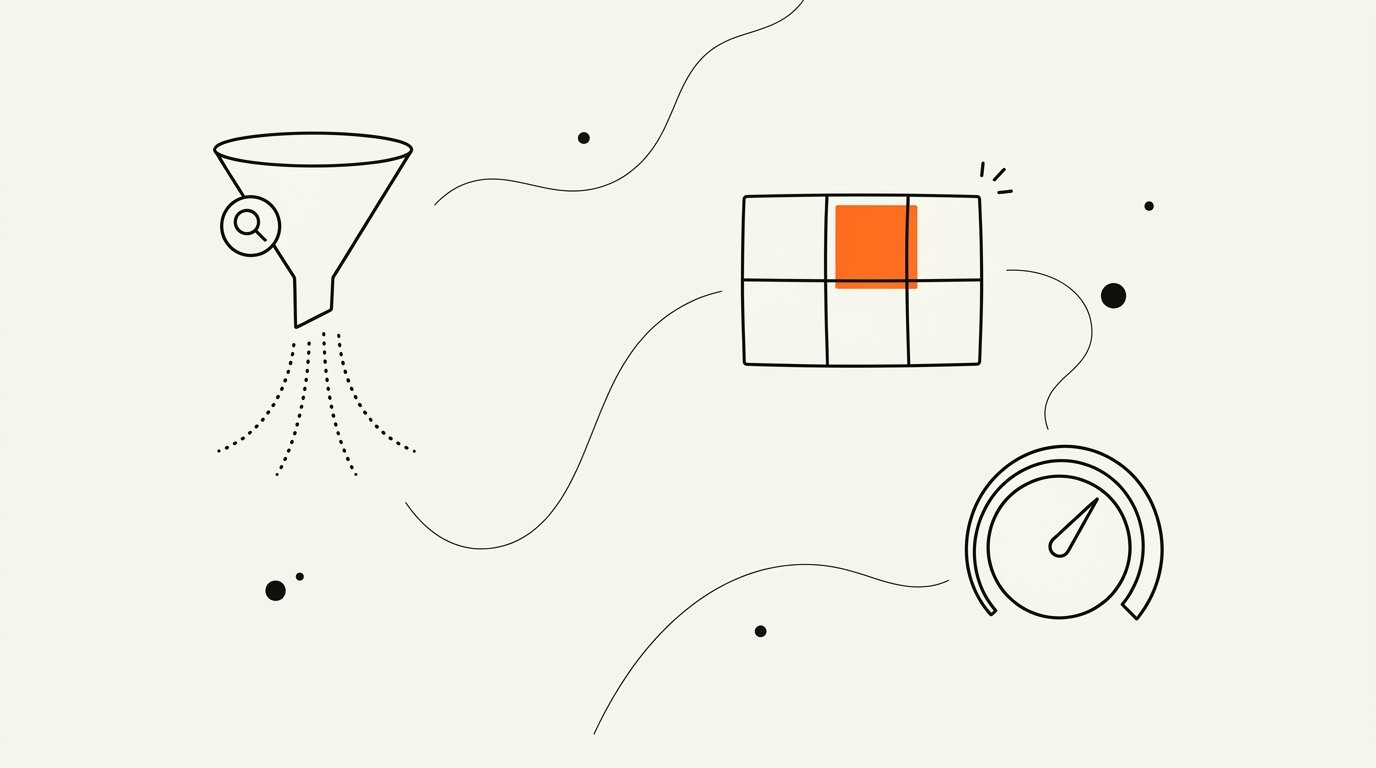 Google AI Max versus Performance Max migration decision: ink line illustration of a search funnel with dotted expanding paths, a six-cell grid with one cell filled solid orange, and a control dial outline.