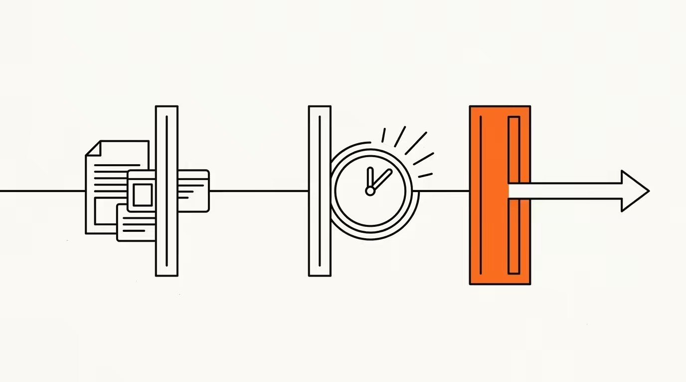 Editorial line illustration of a launch timeline passing through document and clock gates into an open orange gate with a forward arrow, ink line-art on cream paper.