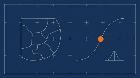 Google Meridian implementation guide: blueprint-style technical drawing on deep navy of a map divided into geo regions, an S-shaped response curve with a solid orange point at its steepest section, and a small bell curve distribution.