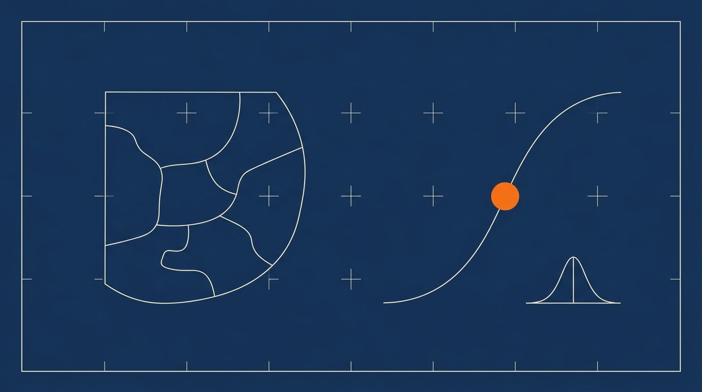 Google Meridian implementation guide: blueprint-style technical drawing on deep navy of a map divided into geo regions, an S-shaped response curve with a solid orange point at its steepest section, and a small bell curve distribution.