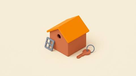 Schematic ink line illustration on cream paper: a house with one roof plane filled solid orange, a key on a ring, and a four-pane window frame.