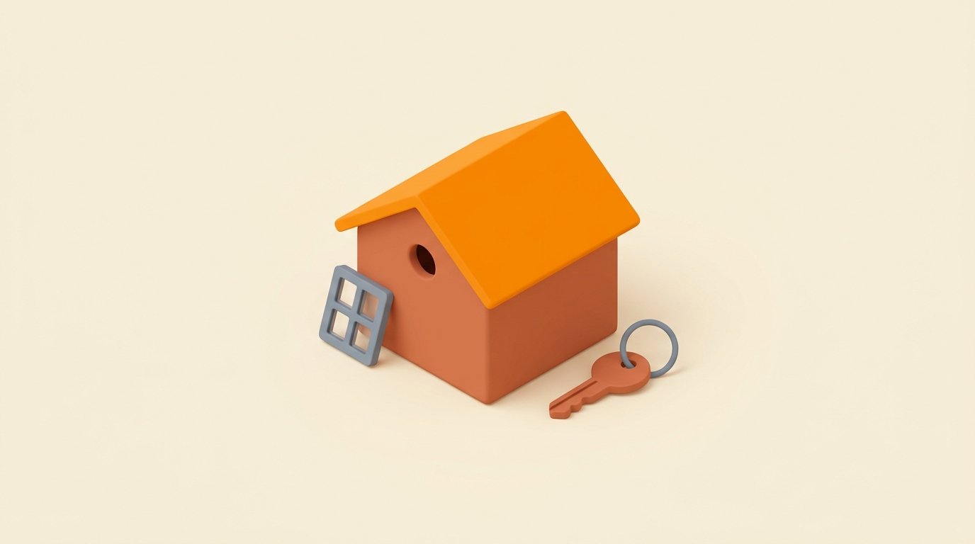 Home and contents insurance marketing strategy: isometric miniature of a small house with one solid orange roof plane, a key on a ring beside it, and a four-pane window frame.