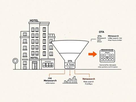 Hotel and resort paid media channel stack: ink line illustration of a stylised hotel facade with a geometric grid of windows, each window containing a small channel icon shape, with one solid orange window as the visual anchor.