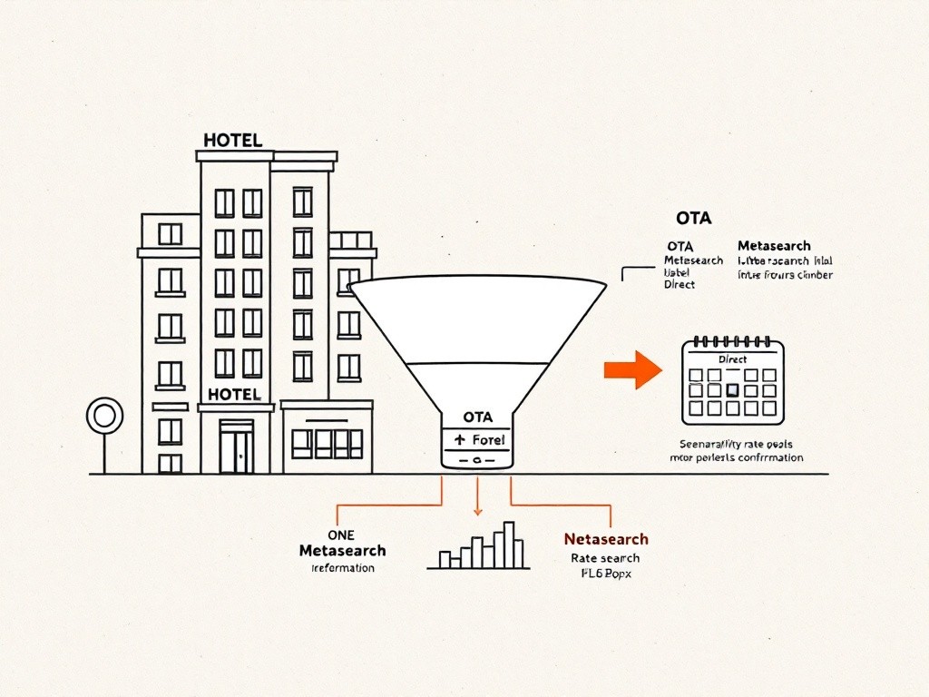 Hotel and resort paid media channel stack: ink line illustration of a stylised hotel facade with a geometric grid of windows, each window containing a small channel icon shape, with one solid orange window as the visual anchor.