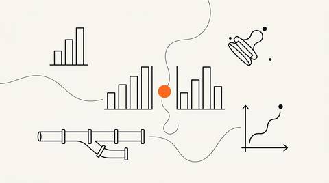 Schematic illustration of incrementality testing: two mirrored bar charts in outline ink representing test and control groups, a segmented horizontal pipe outline showing a split experiment flow, a coordinate axis outline marking lift measurement, and a small solid flat orange circle marking the causal signal point between the two groups.