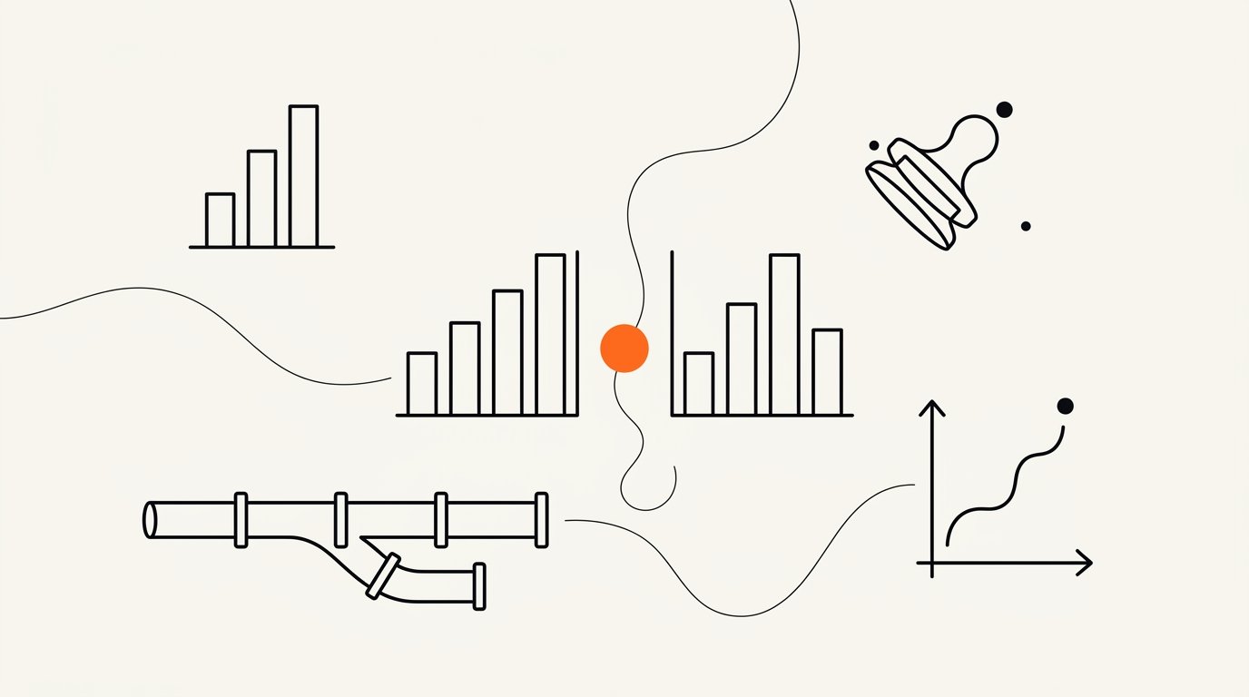 Incrementality testing and geo holdout ROI proof: ink outline of two mirrored bar charts for test and control groups, a segmented horizontal pipe for split experiment flow, a coordinate axis for lift measurement, and a small solid flat orange circle marking the causal signal point.