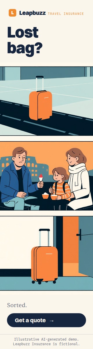 Leapbuzz Insurance demo, Comic strip Sales ad: Lost bag?
