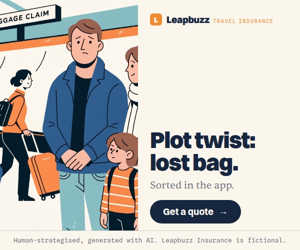 Leapbuzz Insurance demo, Comic strip Sales ad: Plot twist: lost bag.