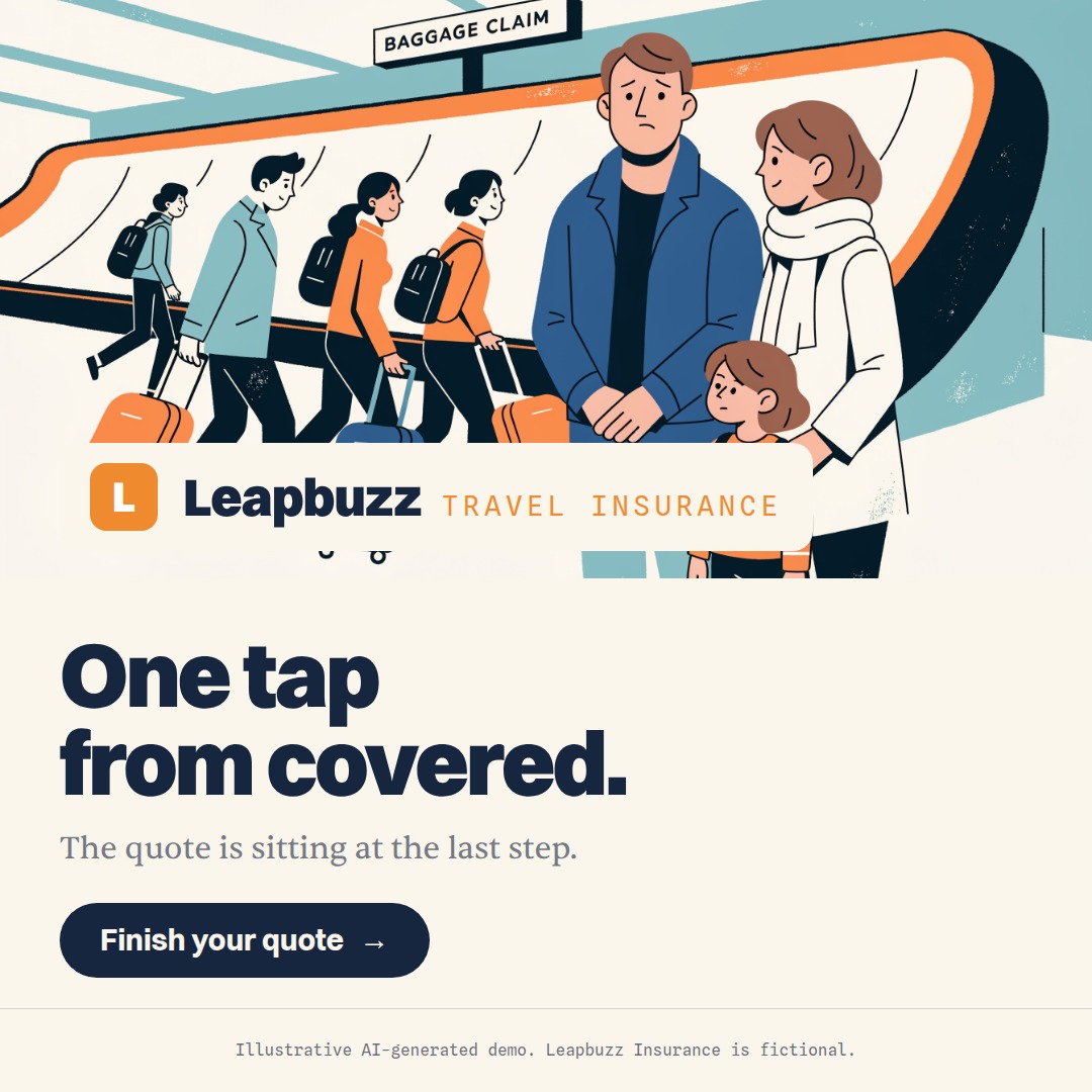 Leapbuzz Insurance demo, Comic strip Sales ad: One tap from covered.