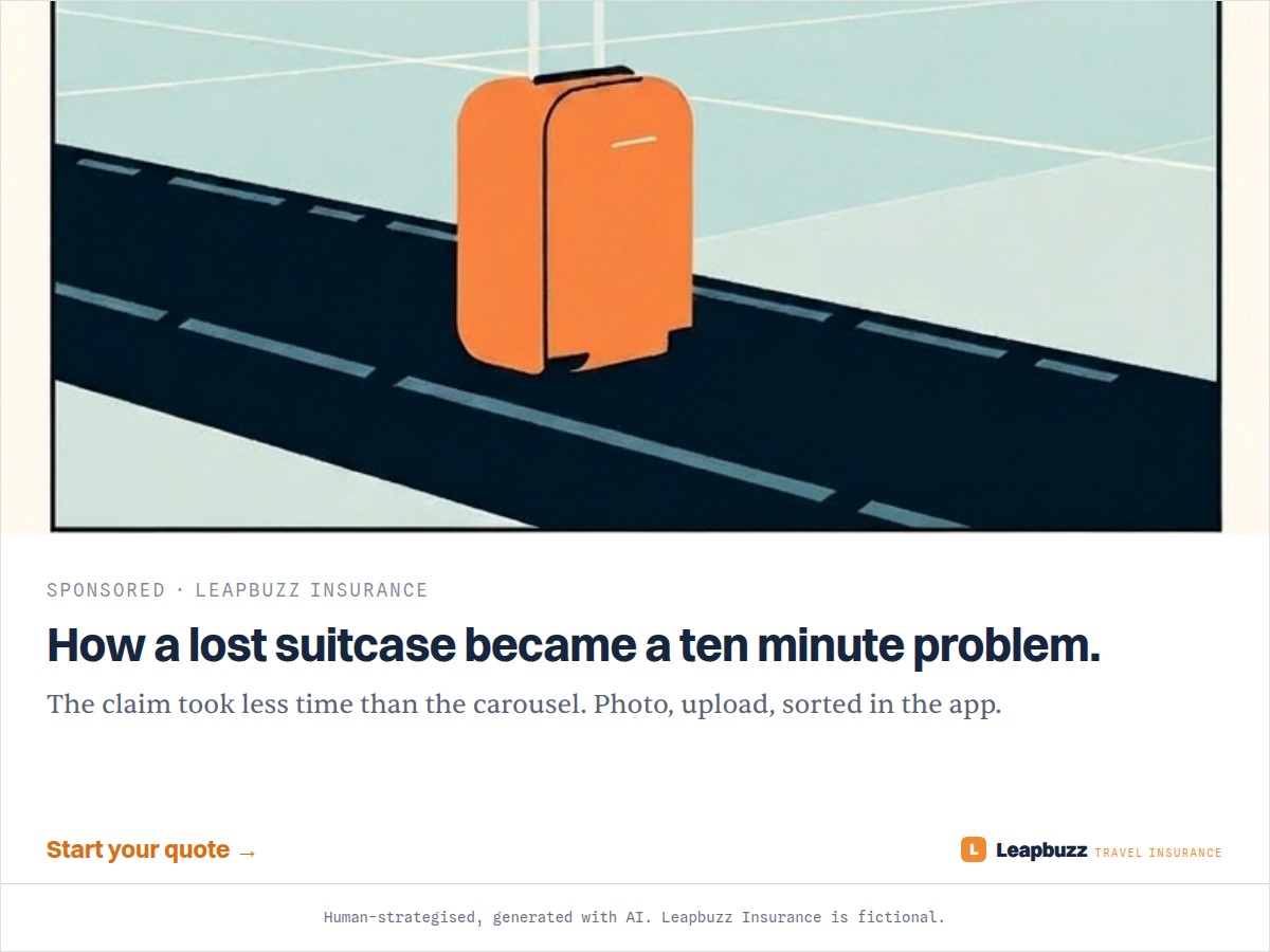 Leapbuzz Insurance demo, Comic strip Sales ad: How a lost suitcase became a ten minute problem.