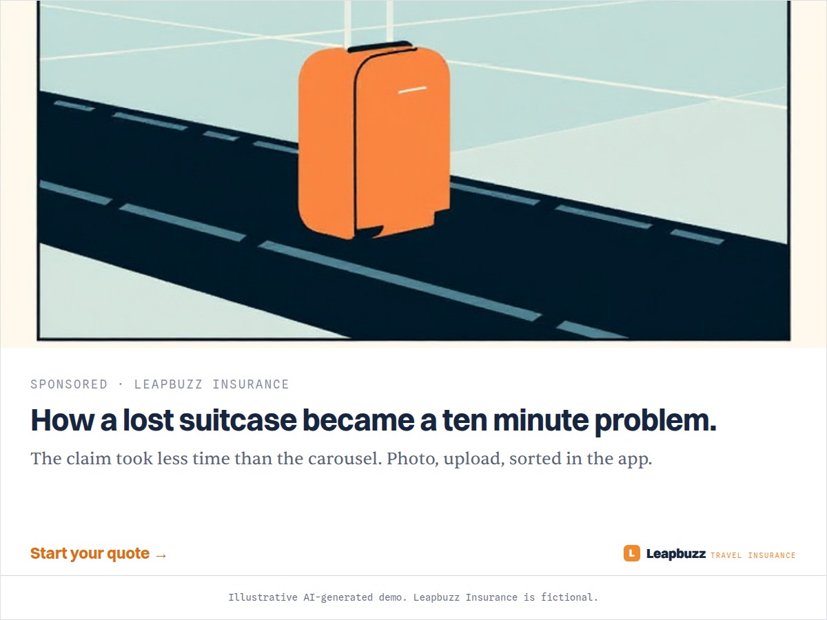 Leapbuzz Insurance demo, Comic strip Sales ad: How a lost suitcase became a ten minute problem.