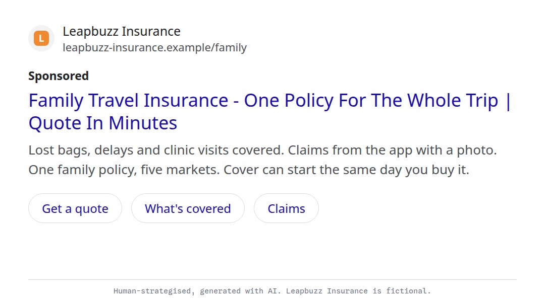 Leapbuzz Insurance demo, Comic strip Sales ad: Family Travel Insurance